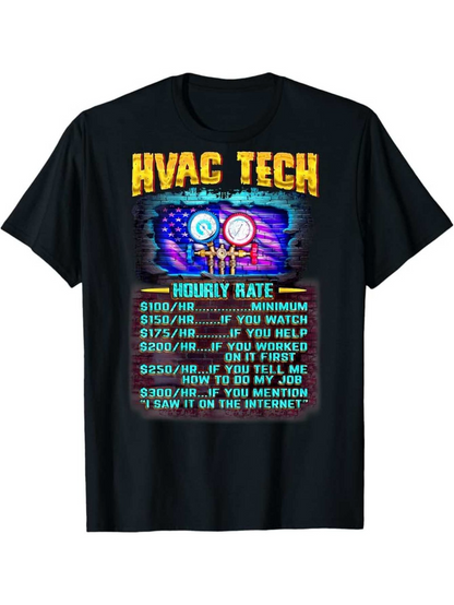 Men's Graphic T-Shirt HVAC Tech Hourly Rate Board Meter Tools American Flag TShirt