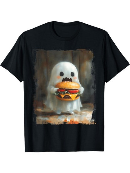 Men's Graphic T-Shirt Spooky Halloween Treat With Adorable Ghost Holding Juicy Cheeseburger