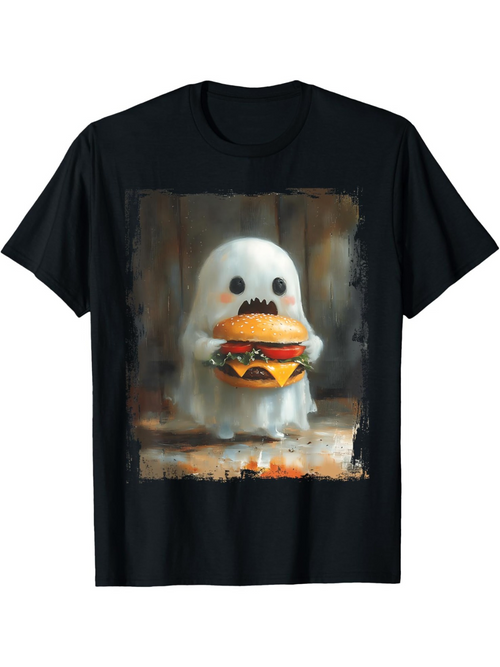 Men's Graphic T-Shirt Spooky Halloween Treat With Adorable Ghost Holding Juicy Cheeseburger