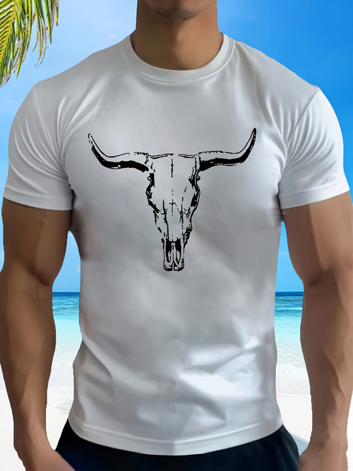 Men's Graphic T-Shirt Desolate Desert Landscape With Withered Longhorn Cattle Skull Drawing