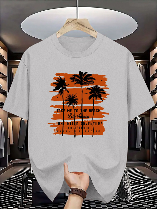 Men's Graphic T-Shirt Take Me To The Beach With Sunset Palms And Painted Orange Background Trees