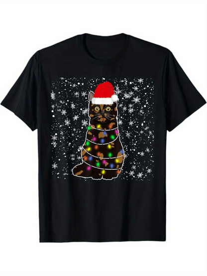 Men's Graphic T-Shirt Christmas Lights Wrapped Cat With Santa Hat And Snowfall