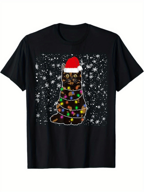 Men's Graphic T-Shirt Christmas Lights Wrapped Cat With Santa Hat And Snowfall