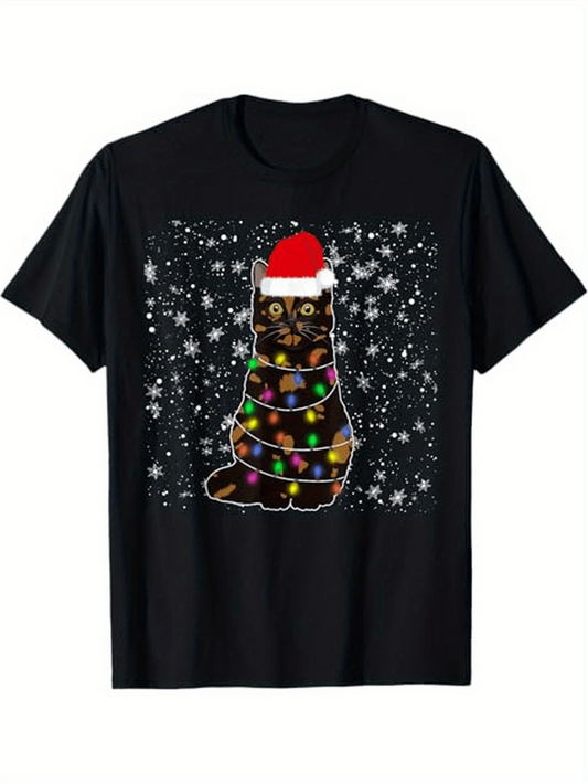 Men's Graphic T-Shirt Christmas Lights Wrapped Cat With Santa Hat And Snowfall