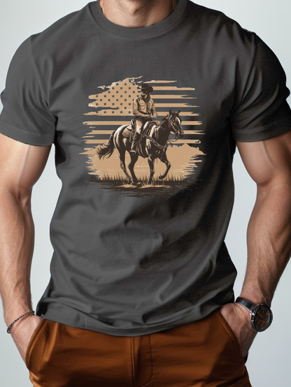 Men's Graphic T-Shirt Vintage American Flag With Cowboy On Horse In Open Field
