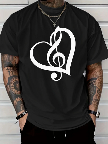 Men's Graphic T-Shirt Minimalist Design With Intertwined Heart And Musical Note Symbol