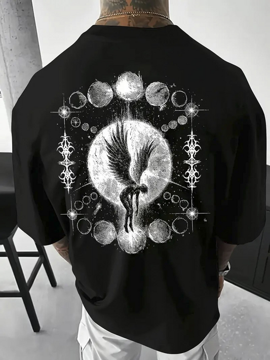 Men's Graphic T-Shirt Celestial Cycle With Luminous Moon Phases Enveloping Mystical Winged Angel