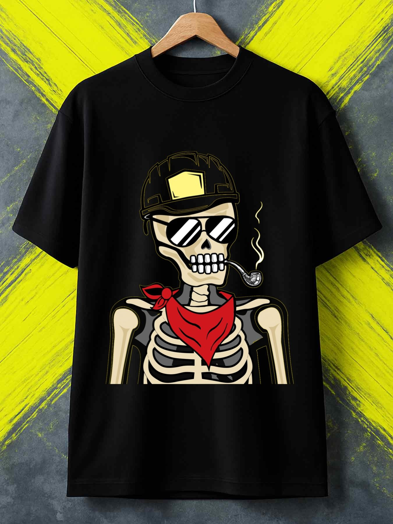 Men's Graphic T-Shirt Stylish Skeleton With Sunglasses Helmet Smoking Bandana