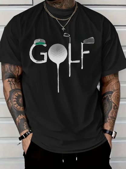 Men's Graphic T-Shirt Golf Tee With Textured Ball Among Graphic Letters And Green Cap