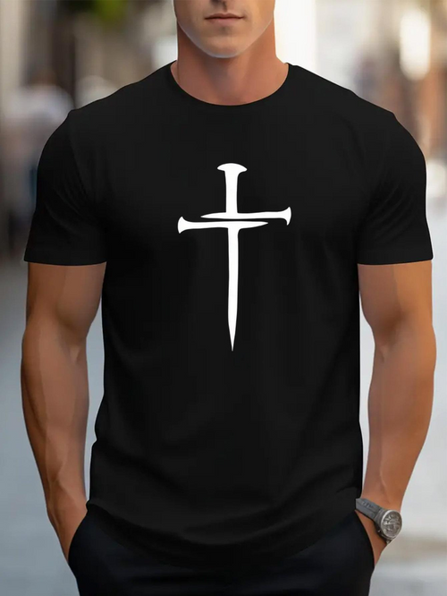 Men's Graphic T-Shirt Minimalist White Nail Shaped Symbol Forming Bold Cross