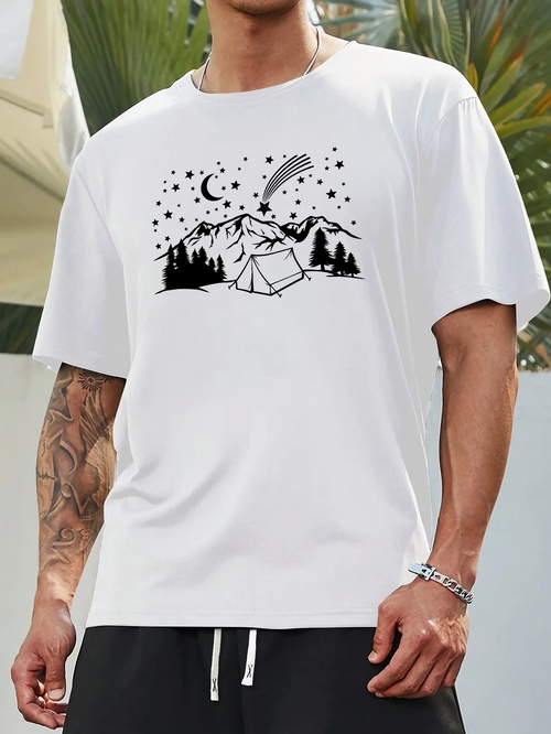 Men's Graphic T-Shirt Starry Night Sky With Crescent Moon Camp And Paraglider Over Mountains
