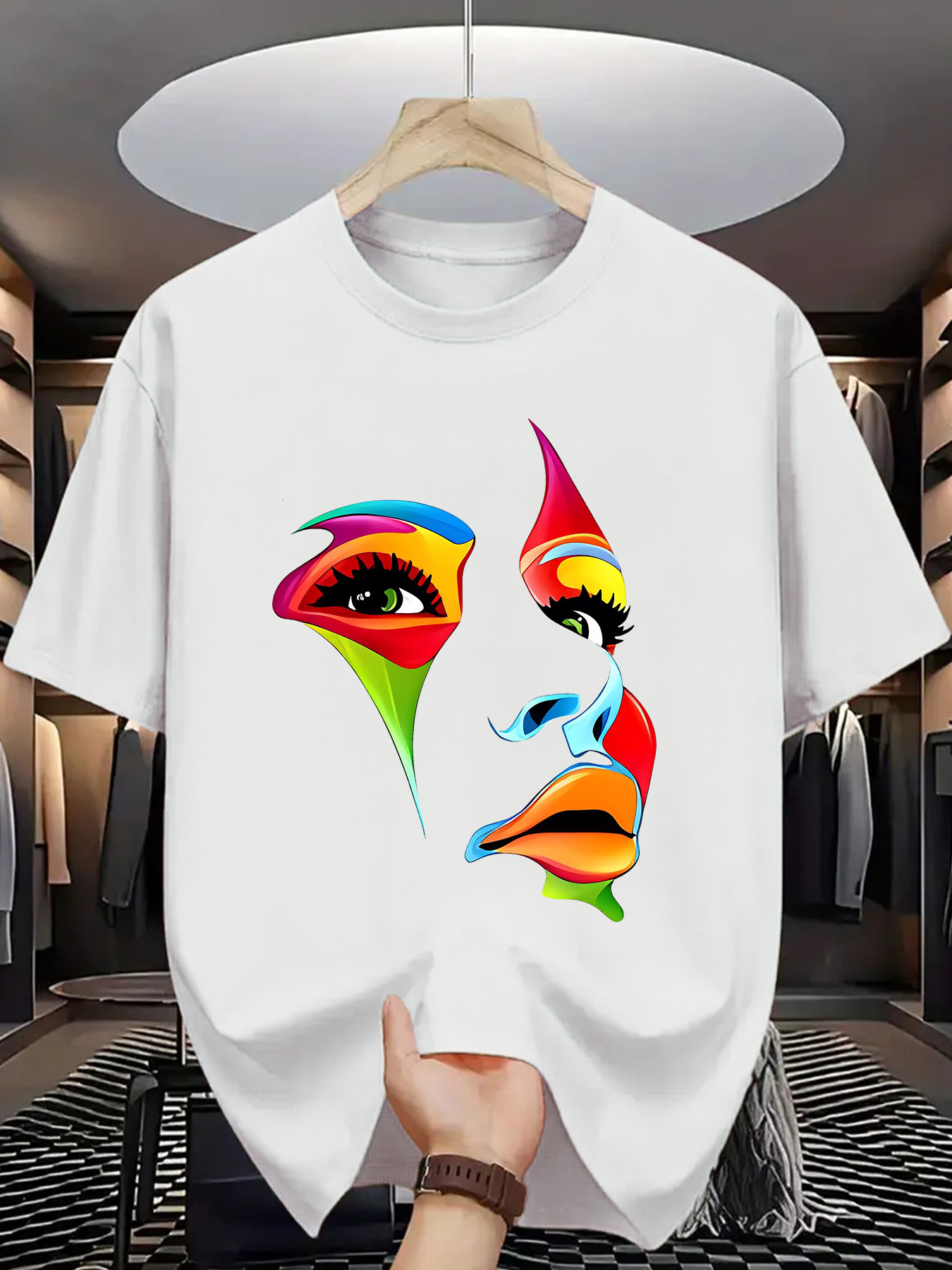 Men's Graphic T-Shirt Colorful Abstract Expression With Vibrant Painted Strokes Art Face