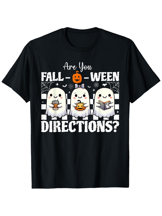 Men's Graphic T-Shirt Are You Fall Halloween Directions Cute Ghosts With Pumpkins And Striped Background
