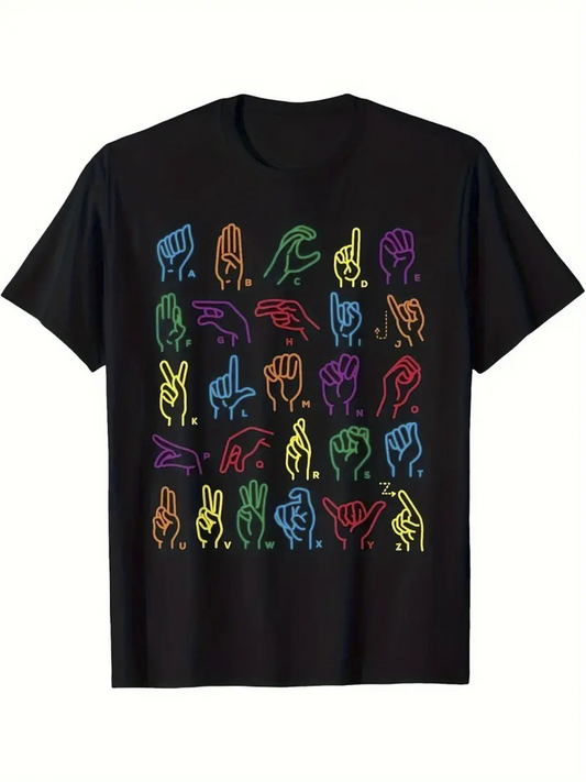 Men's Graphic T-Shirt Colorful Neon Outlined Hand Gestures Sign Language Symbols