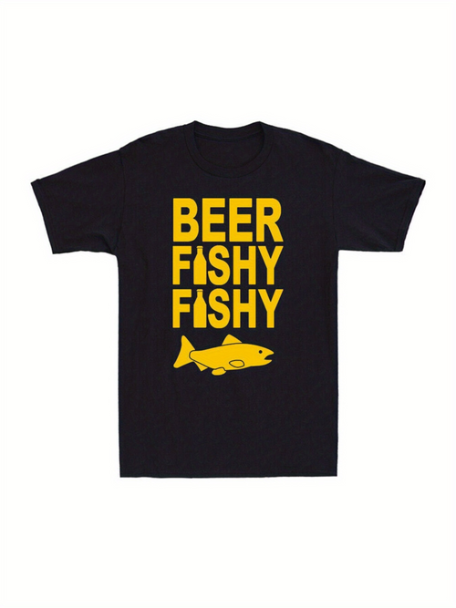 Men's Graphic T-Shirt Beer Fishy Fishy With Bold Yellow Lettering And Playful Gold Fish Illustration