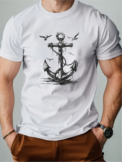 Men's Graphic T-Shirt Vintage Nautical Anchor With Flying Seagulls Over Calm Ocean Water Anchor