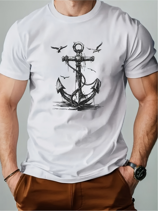 Men's Graphic T-Shirt Vintage Nautical Anchor With Flying Seagulls Over Calm Ocean Water Anchor