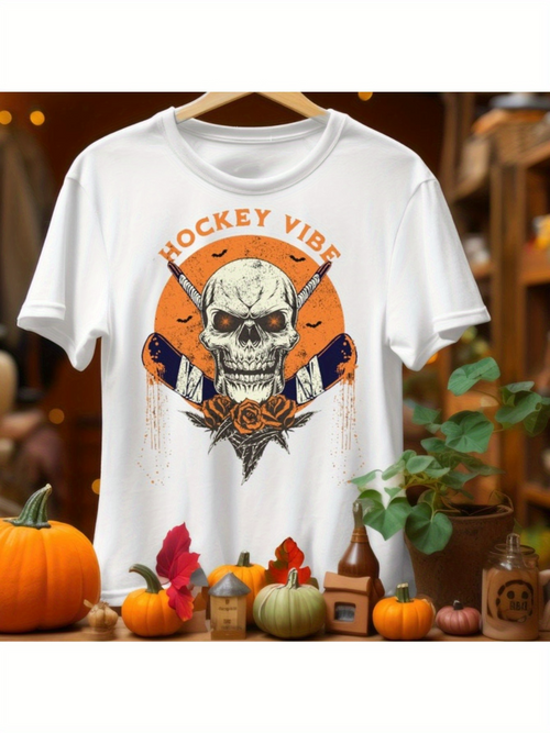 Men's Graphic T-Shirt Hockey Vibe Skull With Autumn Leaves Orange Bats Sticks And Pumpkins