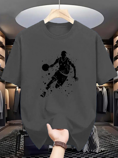Men's Graphic T-Shirt Splattered Ink Effect With Dynamic Dribbling Motion Basketball Player