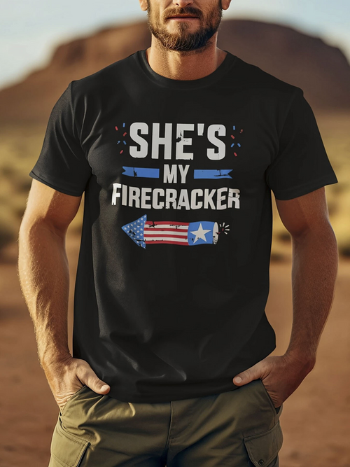Men's Graphic T-Shirt Shes My Firecracker With Bold Patriotic Arrow American Flag Print