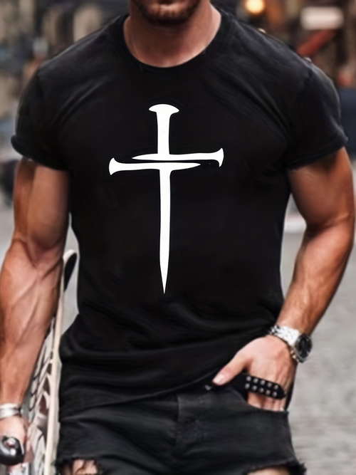Men's Graphic T-Shirt Minimalist Religious Symbol With Stylized Outline Cross Motif