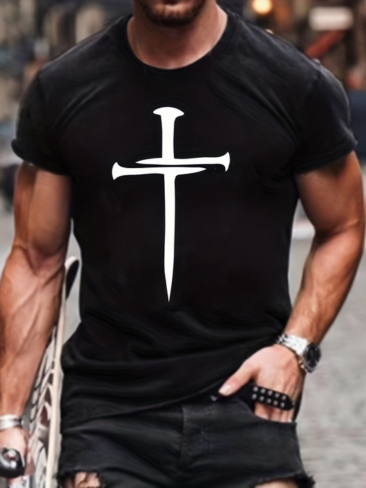 Men's Graphic T-Shirt Minimalist Religious Symbol With Stylized Outline Cross Motif