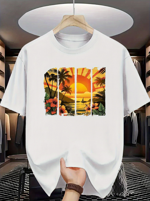 Men's Graphic T-Shirt Golden Sunrise With Palm Trees And Tropical Ocean Beach Scenery