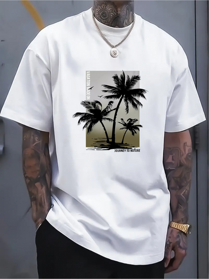 Men's Graphic T-Shirt Peaceful Sunset Beach With Silhouetted Palm Trees Under Evening Sky