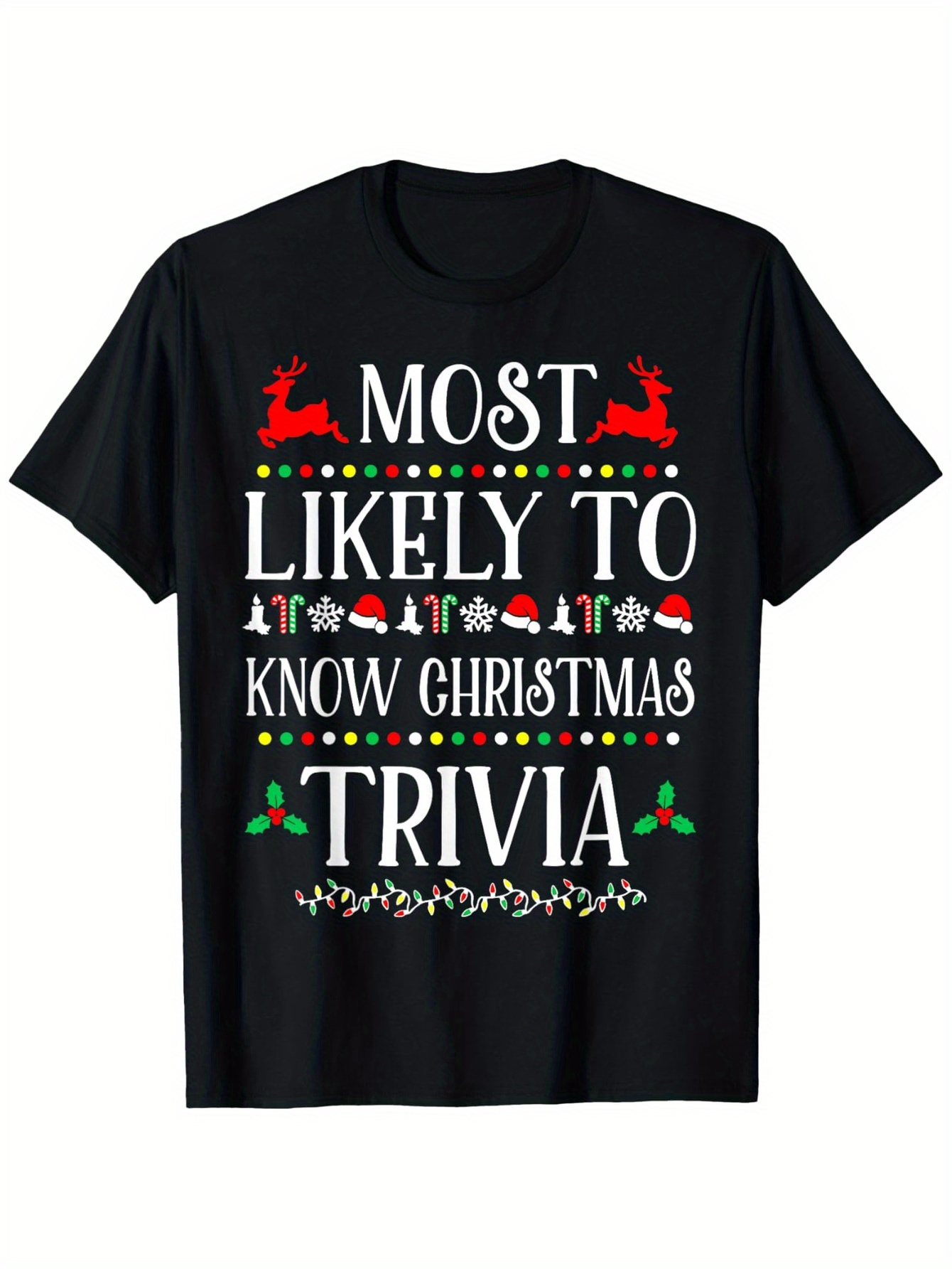 Men's Graphic T-Shirt Most Likely To Know Christmas Trivia With Reindeer And Holiday Icons Shirt