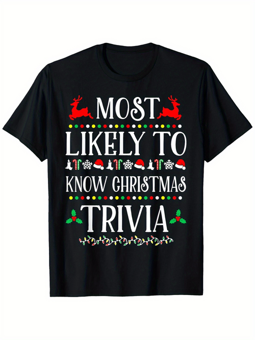 Men's Graphic T-Shirt Most Likely To Know Christmas Trivia With Reindeer And Holiday Icons Shirt