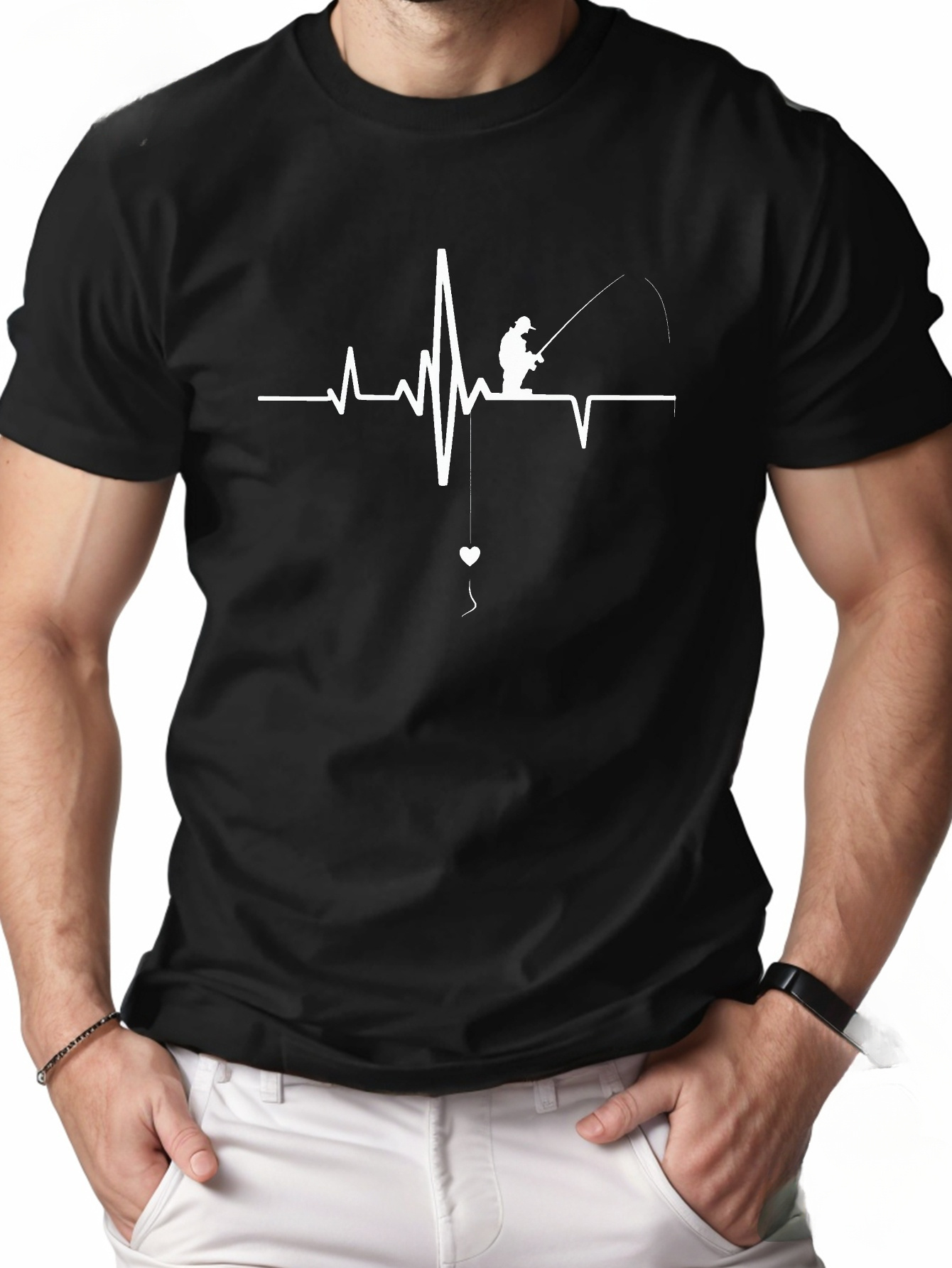 Men's Graphic T-Shirt Heartbeat Pulse Line With Silhouette And Simple Fishing Man