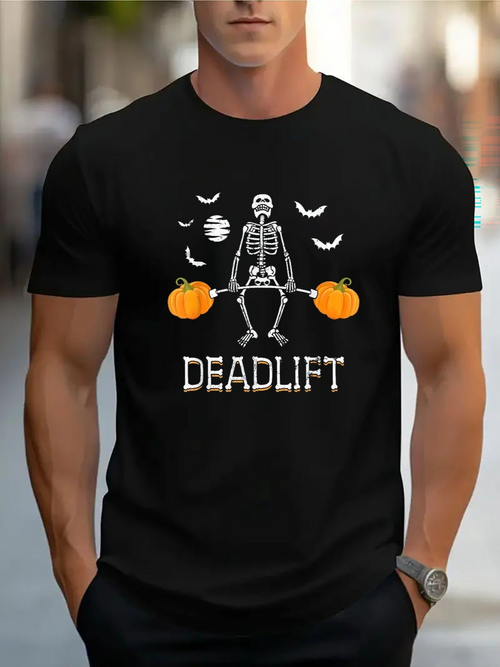 Men's Graphic T-Shirt Deadlift Skeleton With Pumpkins Lifting Among Bats Halloween Night