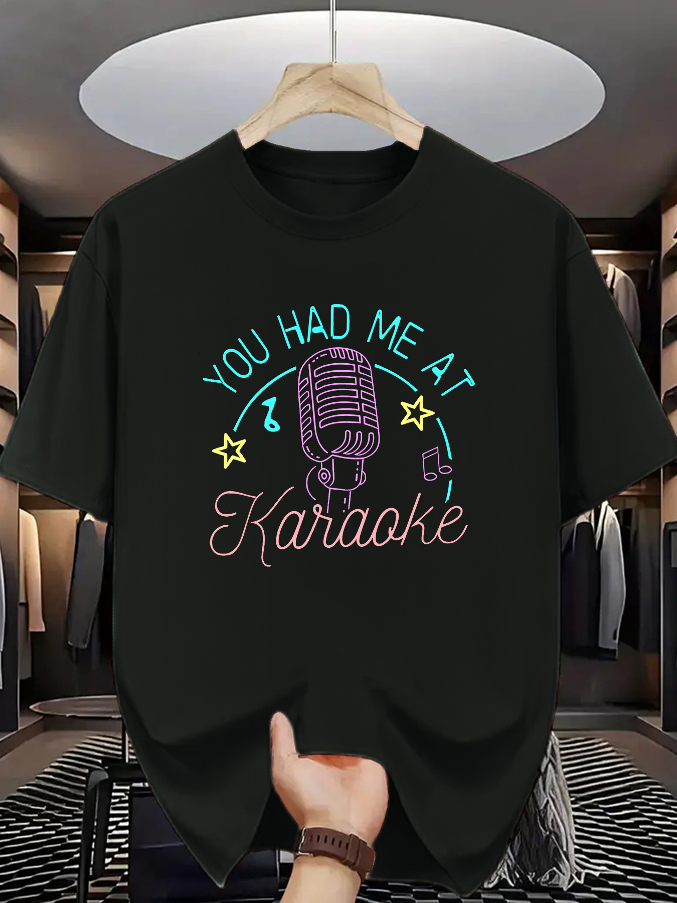 Men's Graphic T-Shirt You Had Me At Karaoke Musical Neon Retro Style Microphone