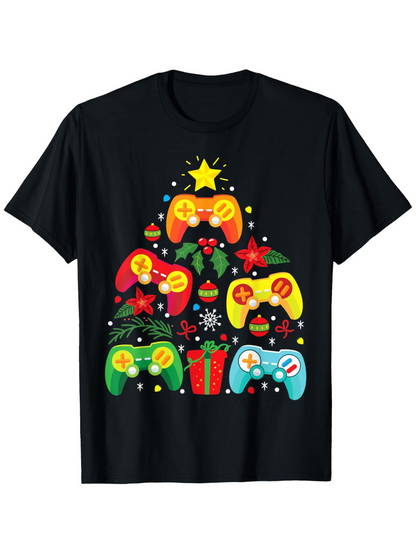 Men's Graphic T-Shirt Colorful Holiday Tree Made Of Festive Gaming Controllers And Ornaments