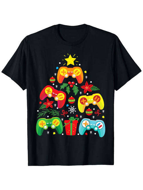 Men's Graphic T-Shirt Colorful Holiday Tree Made Of Festive Gaming Controllers And Ornaments