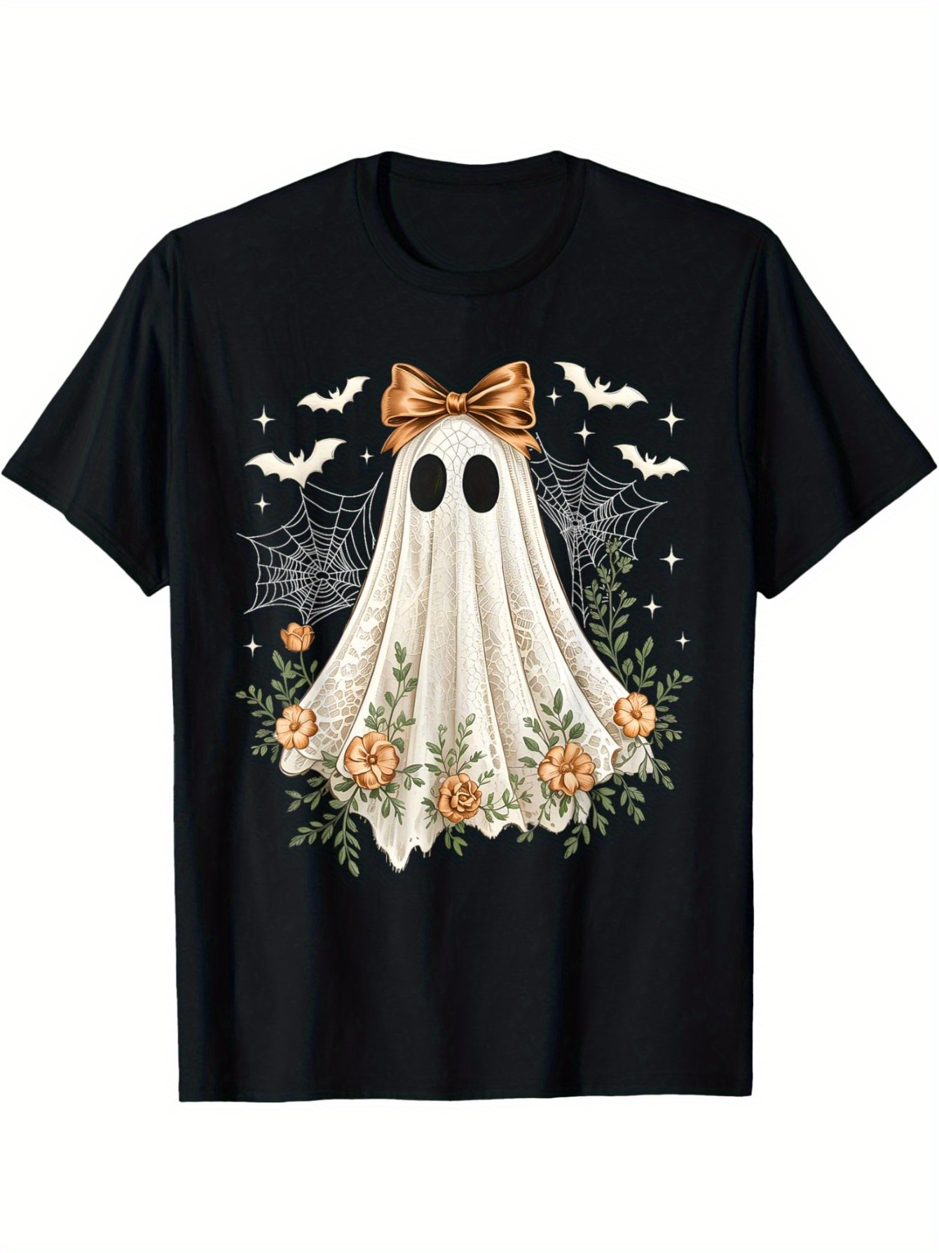 Men's Graphic T-Shirt Golden Bow Halloween Ghost Surrounded By Webs And Bats