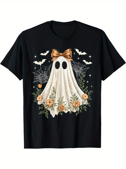 Men's Graphic T-Shirt Golden Bow Halloween Ghost Surrounded By Webs And Bats