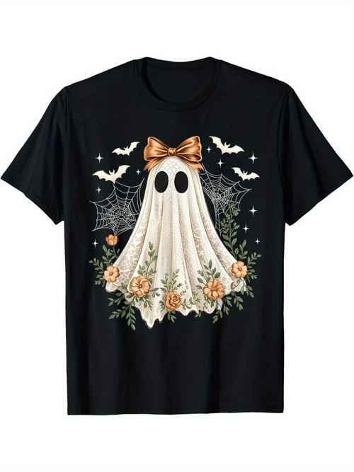 Men's Graphic T-Shirt Golden Bow Halloween Ghost Surrounded By Webs And Bats