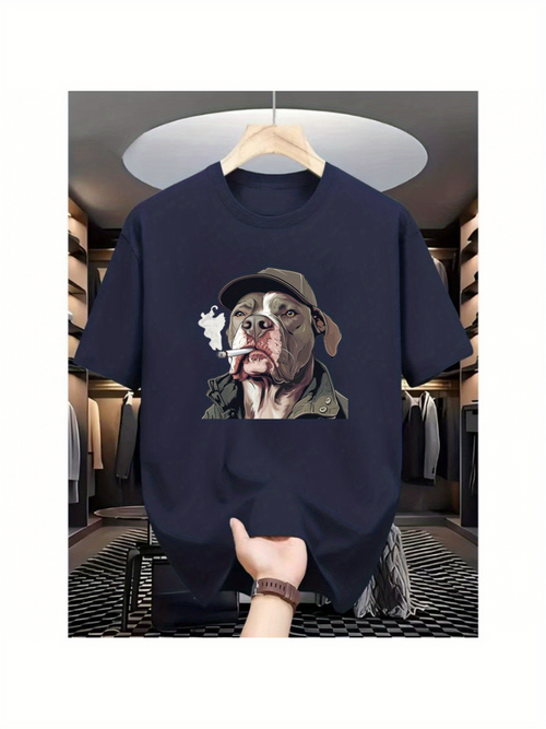 Men's Graphic T-Shirt Vintage Style Dog Wearing Hat And Trench Smoking Cigarette