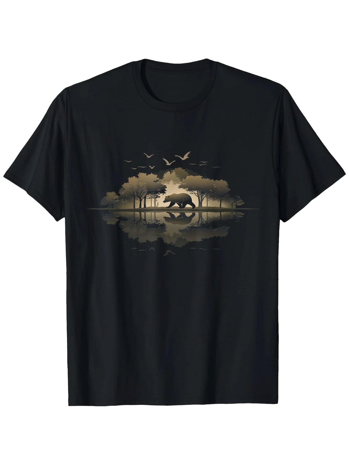 Men's Graphic T-Shirt Golden Sunrise Among Serene Trees With Calm River Reflections And Flying Birds