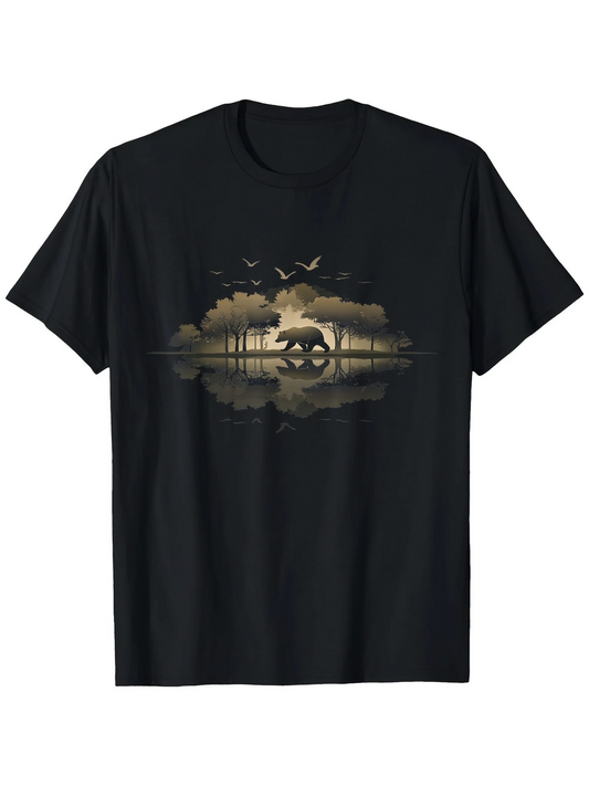 Men's Graphic T-Shirt Golden Sunrise Among Serene Trees With Calm River Reflections And Flying Birds