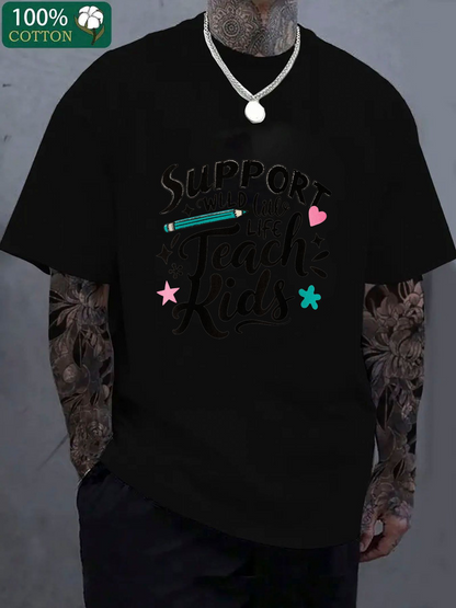 Men's Graphic T-Shirt Support With Colorful Hearts Stars And Pencil Motif Kids