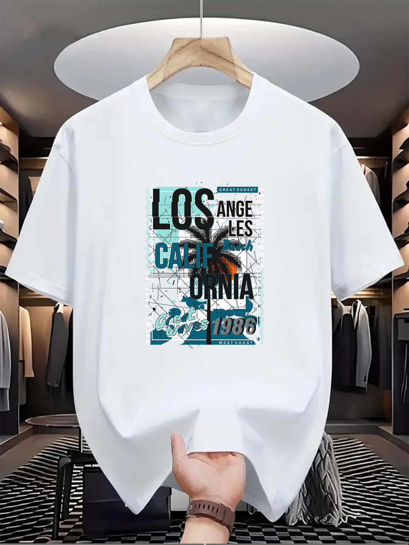Men's Graphic T-Shirt Los Angeles Summer Tropical Breeze With Printed Palm Tree And Urban Landscape California