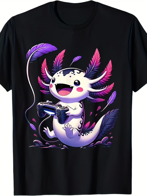 Men's Graphic T-Shirt Colorful Leaves Surrounding A Happy Axolotl Playing Video Games