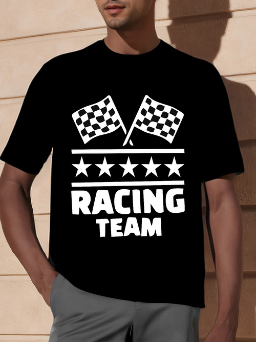 Men's Graphic T-Shirt Bold White Stars With Racing Flags Over Speeding Racing Team