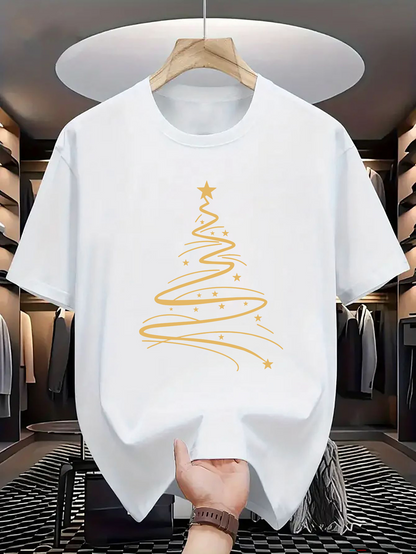 Men's Graphic T-Shirt Golden Swirling Lines With Stars Forming A Festive Holiday Christmas Tree