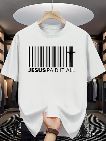 Men's Graphic T-Shirt Jesus Paid It All Barcode With Silhouette On Cross