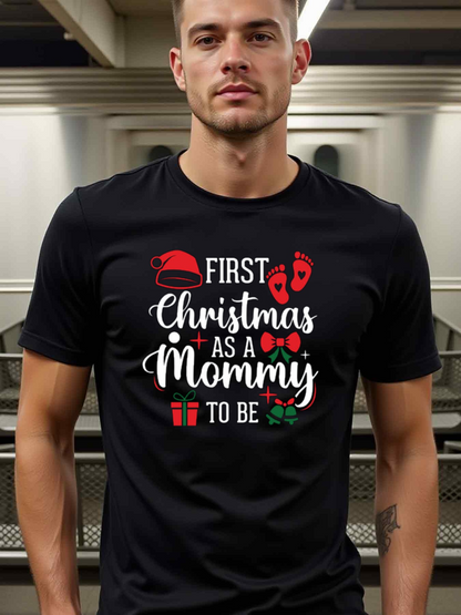 Men's Graphic T-Shirt First Christmas As A Mommy To Be With Red Santa Hat And Small Gift Icons