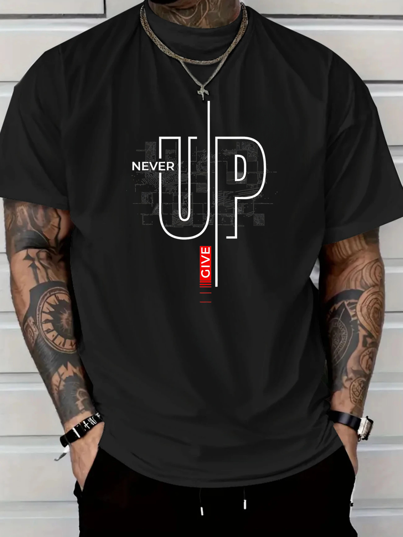 Men's Graphic T-Shirt Never Give Up Bold Typography With Vertical Red Accent Lettering