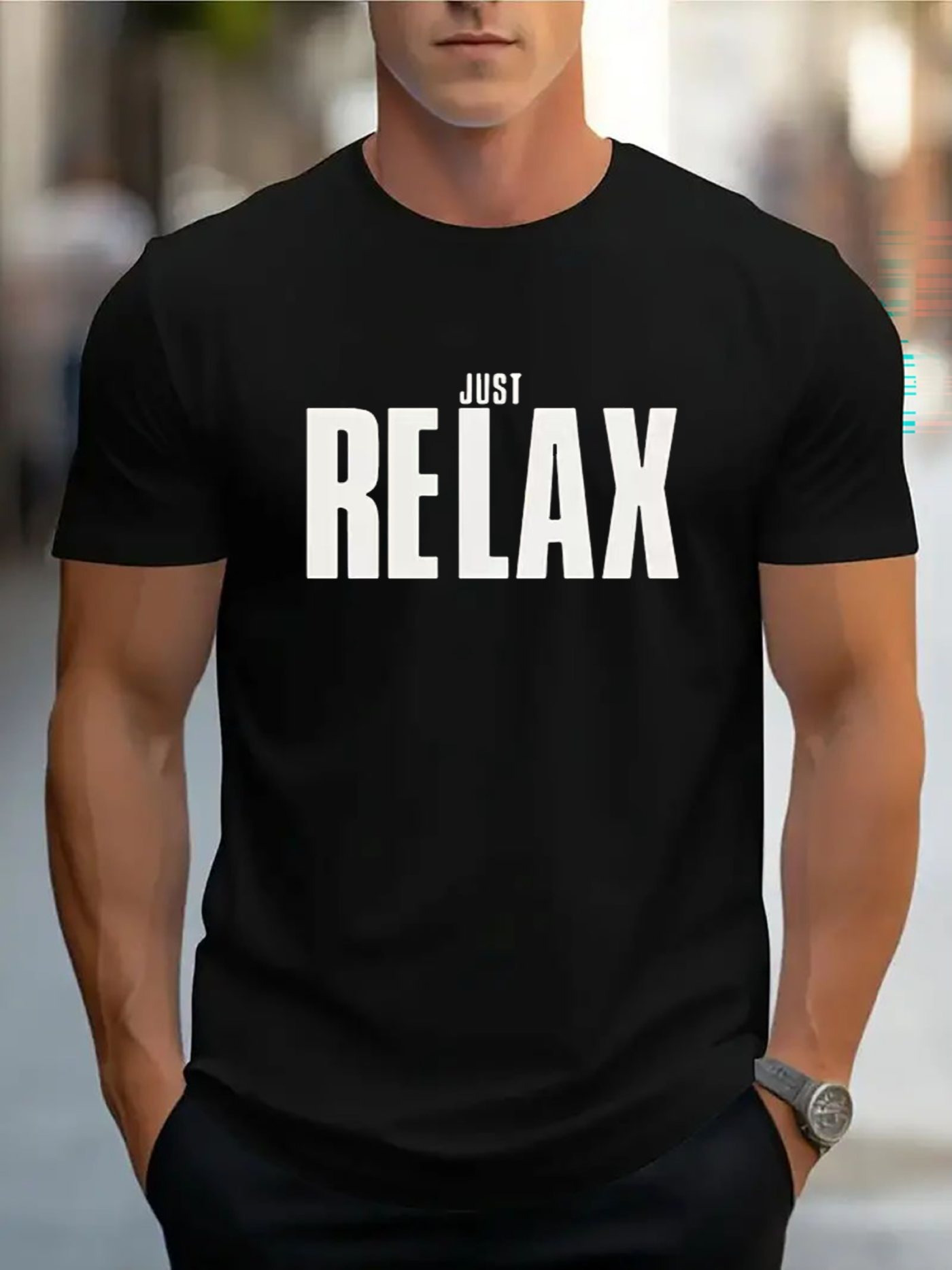 Men's Graphic T-Shirt Just Relax Bold White Letters On Black Cotton T Shirt